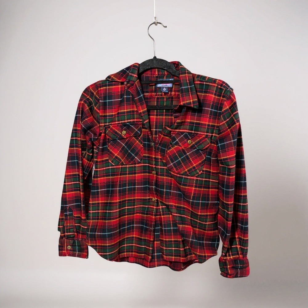 Chaps Denim Plaid Flannel Shirt Red Green Blue‎ Button Up Long Sleeve Womens M